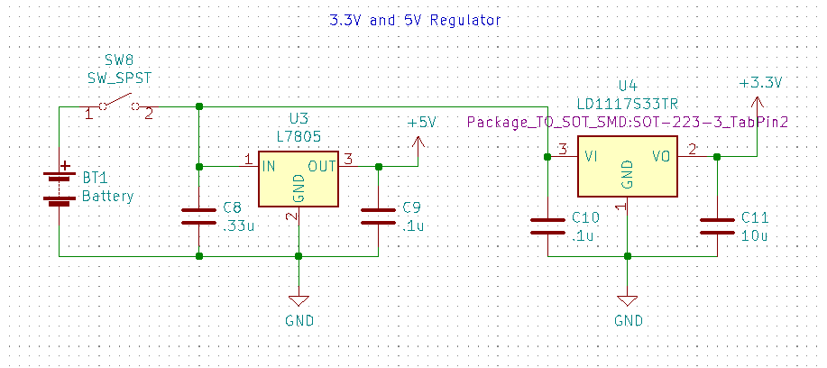 9 volt battery with l7805 and ld1117s33 regulators and decoupling capacitors.