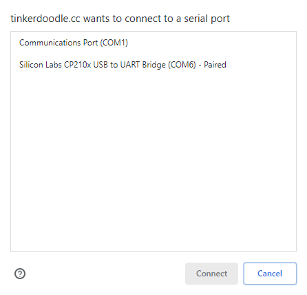 Connecting to a serial port from Tinkerdoodle in Chrome.