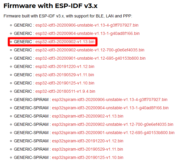 Download the latest MicroPython firmware for 'GENERIC' ESP32 microcontrollers with ESP-IDF v3.x.