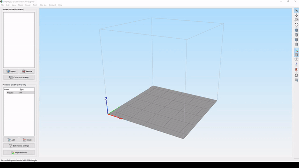 Importing the example cube into my slicer, Simplify3D.