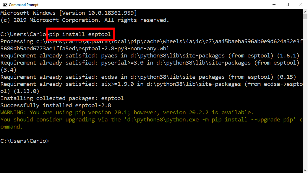 A successful installation of esptool on Windows using the command prompt.