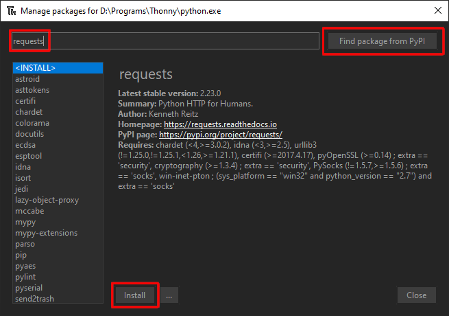 Install the requests package using the Thonny package manager.