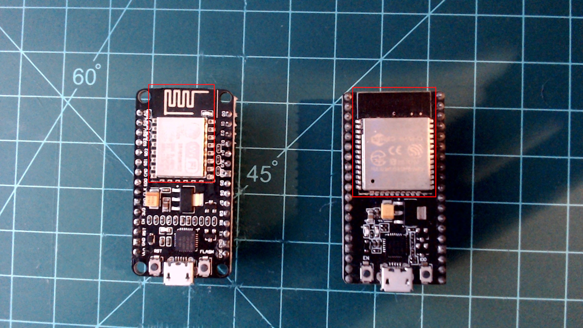 Left: ESP8266 NodeMCU development board. Right: ESP32 NodeMCU development board.