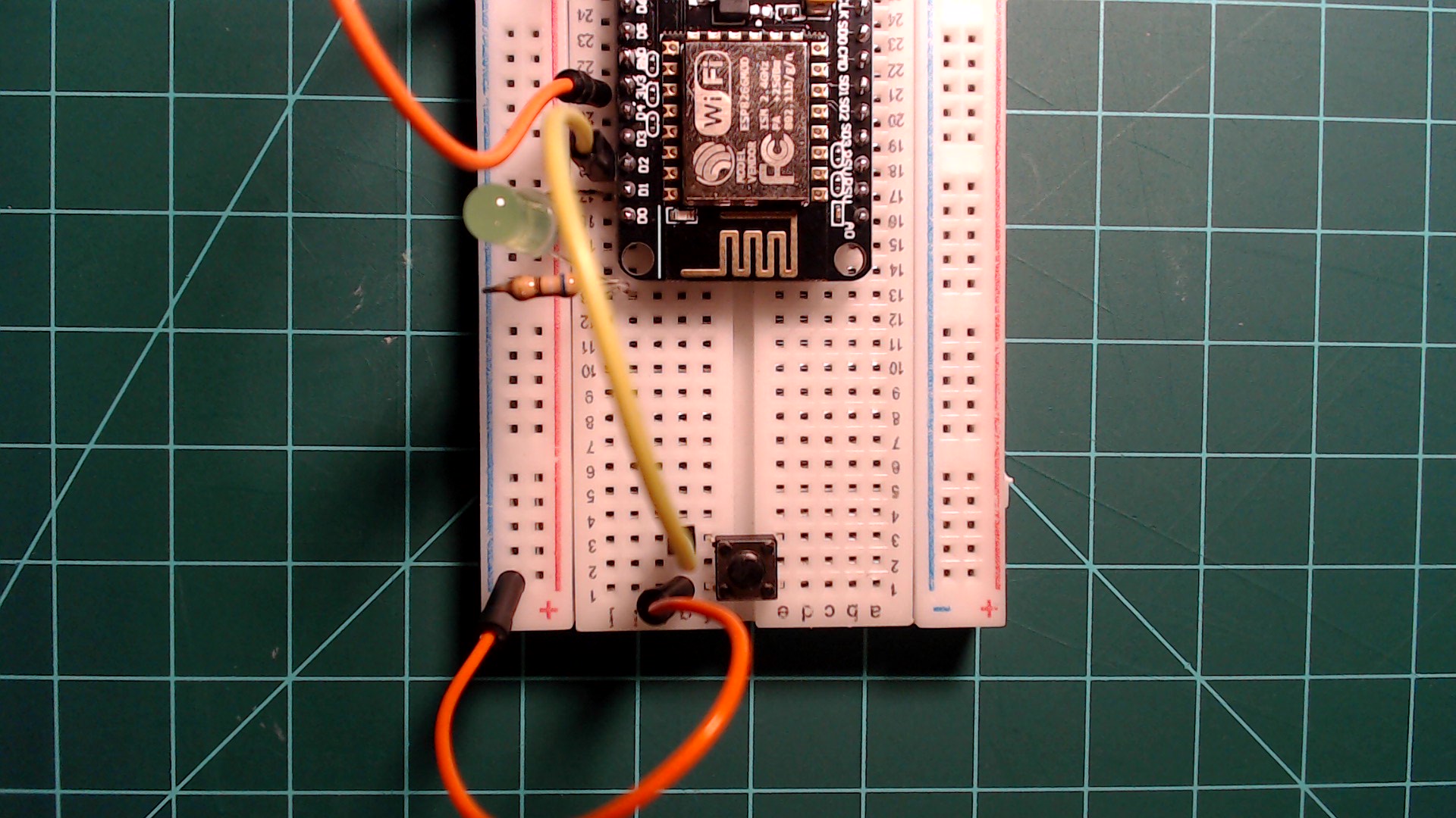An LED connected to GPIO5 and a button connected to GPIO4. The button should have a pull up resistor specified in the pin declaration.