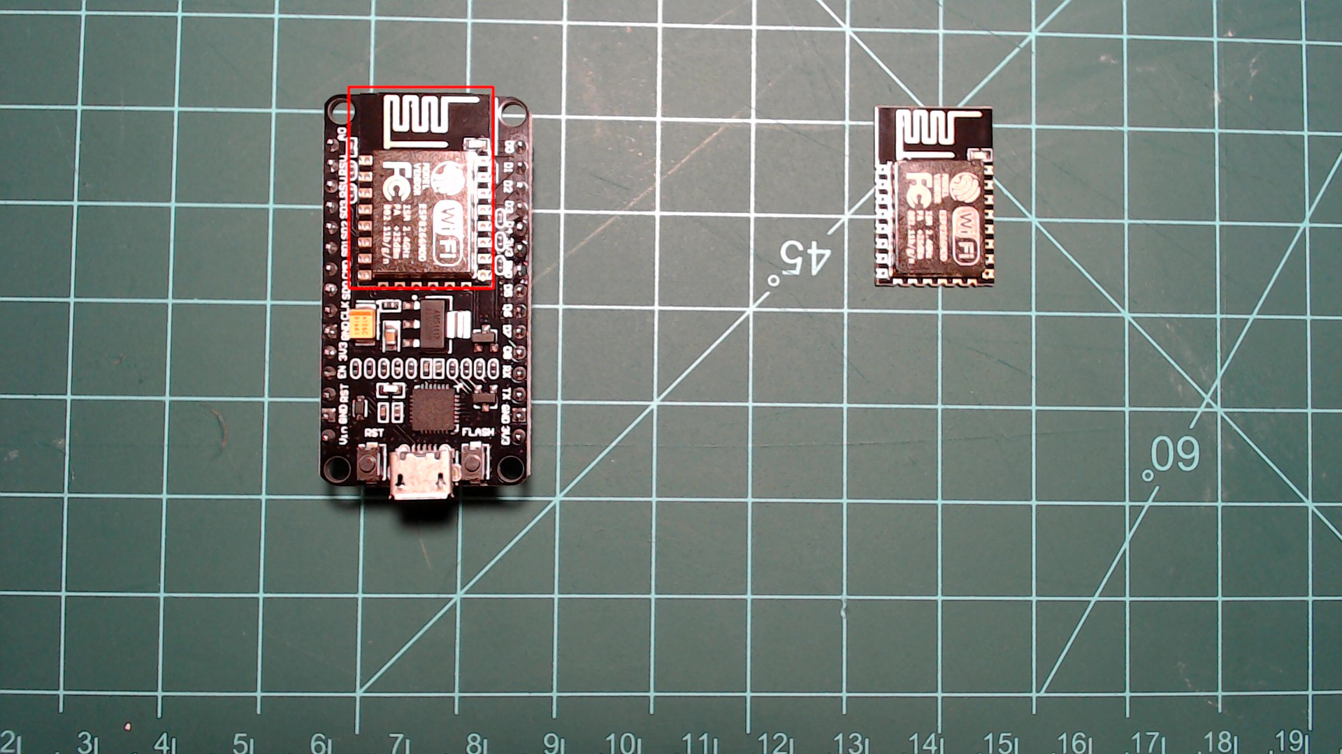 Left: NodeMCU development board. Right: ESP8266 microcontroller on its own.
