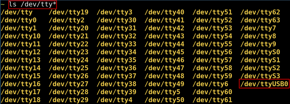 Identify new file in dev directory after device is plugged in. For this example my port would be '/dev/ttyUSB0'.