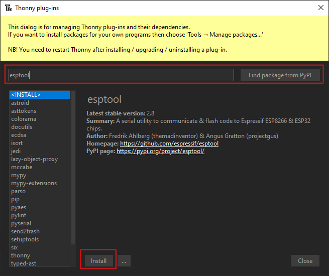 Install the esptool plug-in for Thonny.